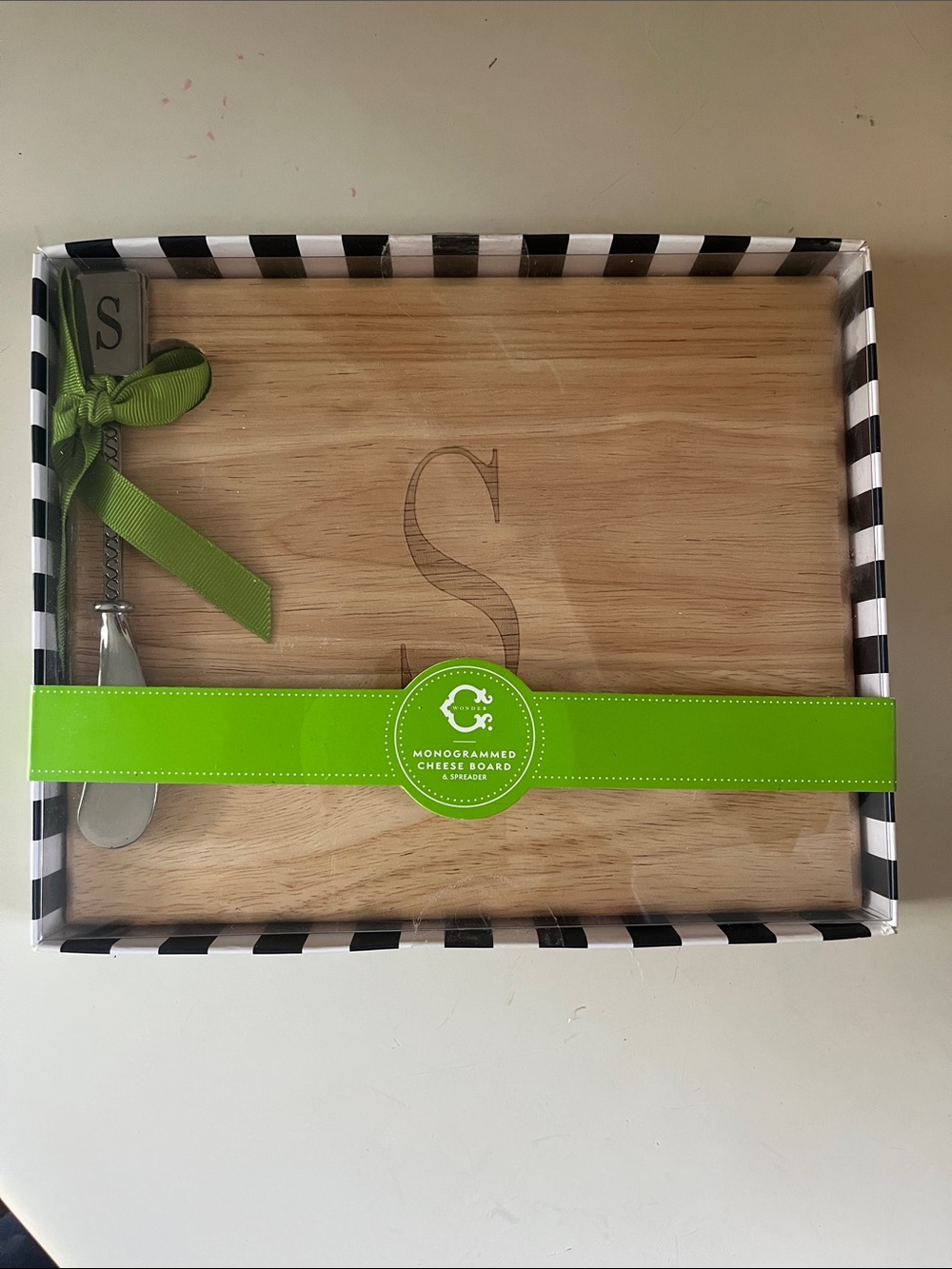 C. Wonder Monogrammed Cheese Board in Light Wood with Bright Green Accent